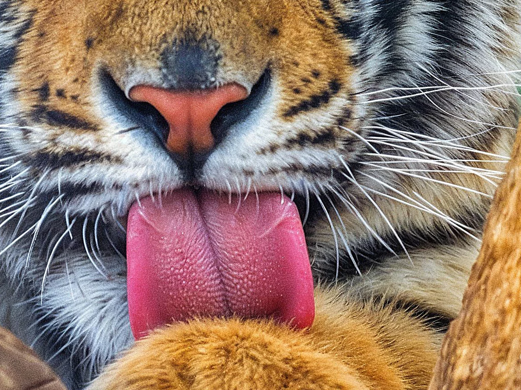 Vorwerk: Foto: Das Bild zeigt einen Tiger, der sich mit seiner rauen Zunge das Fell leckt.