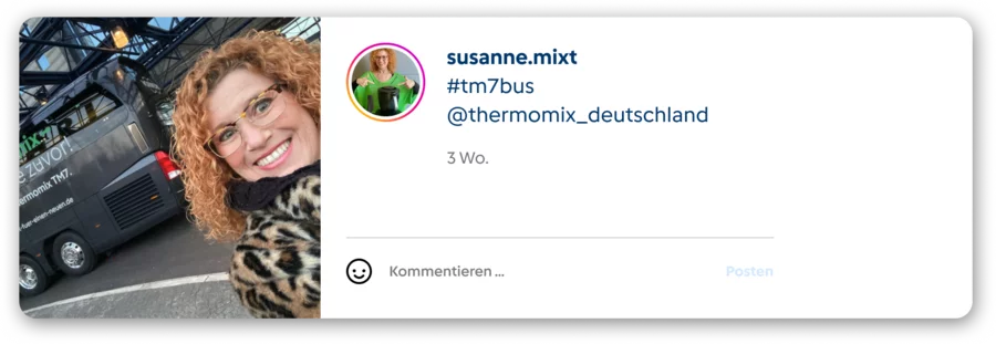 Vorwerk: Foto: Instagram Foto von einer Frau mit dem TM7 Bus im Hintergrund.